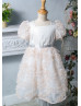 Short Sleeves Pink Dotted Tulle V Back Flower Girl Dress